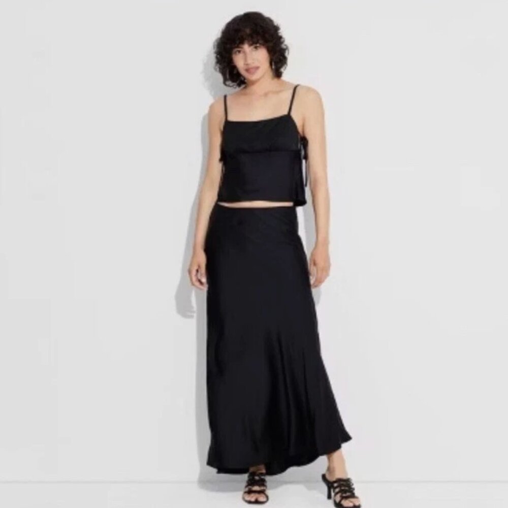 Black Satin Trumpet Maxi Skirt | Wild Fable